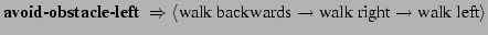 $\displaystyle \mbox{{\bf avoid-obstacle-left} } \Rightarrow
\langle \mbox{walk backwards} \rightarrow \mbox{walk right} \rightarrow
\mbox{walk left} \rangle$