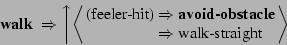 \begin{displaymath}
\mbox{{\bf walk} } \Rightarrow
\left\uparrow
\left\langle \b...
...x{ walk-straight}\nonumber
\end{array} \right\rangle \right.
\end{displaymath}
