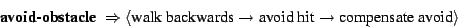 \begin{displaymath}
\mbox{{\bf avoid-obstacle} } \Rightarrow
\langle \mbox{walk ...
... \mbox{avoid hit} \rightarrow
\mbox{compensate avoid} \rangle
\end{displaymath}